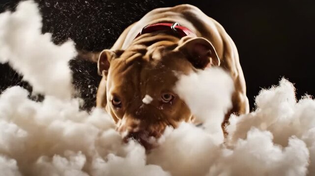 A powerful pit bull dog with a red collar explores soft white fluff in a studio setting