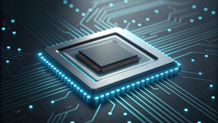 A cutting-edge metallic AI chip integrated into a motherboard illuminated by bright blue circuits