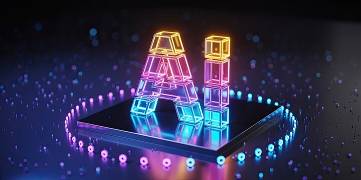 Modern AI technology concept with glowing neon geometric shapes on platform