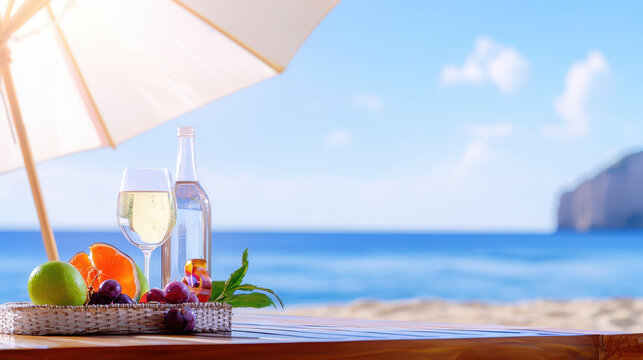 Refreshing drink and fresh fruits on beach table under umbrella, creating serene atmosphere for relaxation and enjoyment