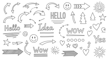 A collection of hand-drawn doodle elements including various arrows, text, emojis, and shapes in a sketchy style on a white background.