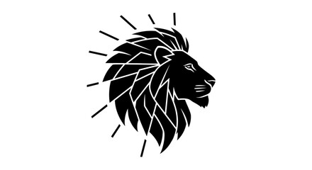 A stylized black silhouette of a lion's head with radiating lines emanating from its mane.