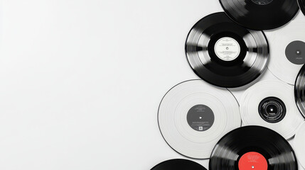 Vinyl records in various colors and sizes arranged on white background, showcasing nostalgic music collection
