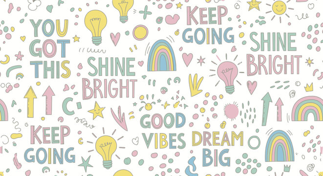 A cheerful and colorful seamless pattern with inspirational quotes and positive symbols like lightbulbs and rainbows.