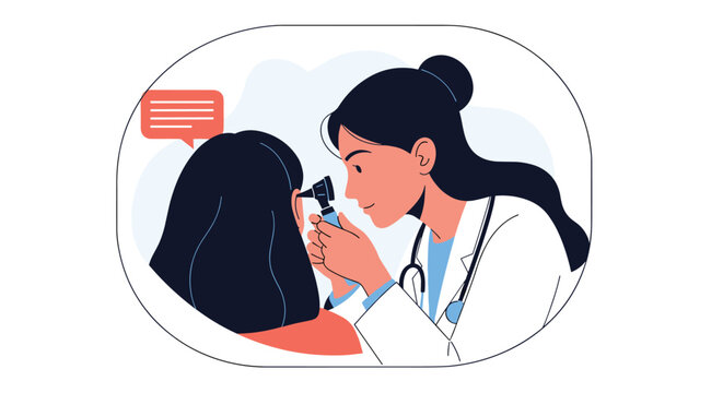 A doctor examines a patient's ear with an otoscope during a medical checkup.
