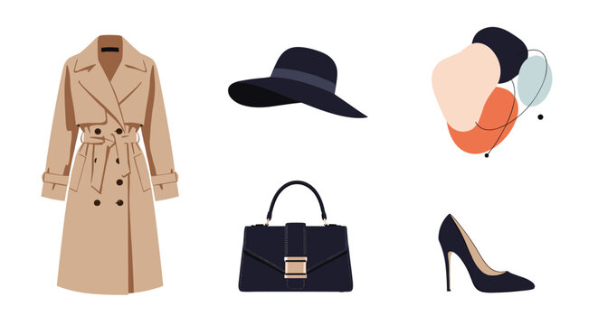 An elegant beige trench coat a stylish navy blue hat a dark navy handbag and black high heel shoes for a sophisticated look.
