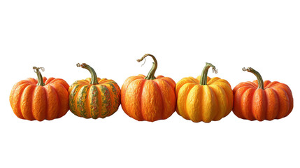 Obraz premium A row of five colorful pumpkins with ribbed texture