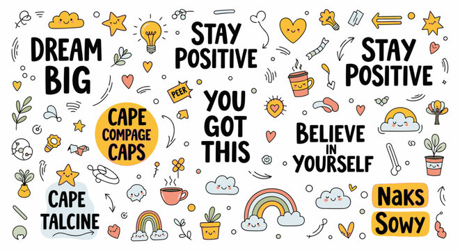 A vibrant collection of hand-drawn motivational quotes and positive affirmations, featuring whimsical illustrations like rainbows, clouds, and smiling suns, designed to inspire and uplift.