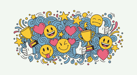 Vibrant doodle illustration of positive emotions, achievements, and social media reactions with emojis, hearts, trophies, and thumbs up.