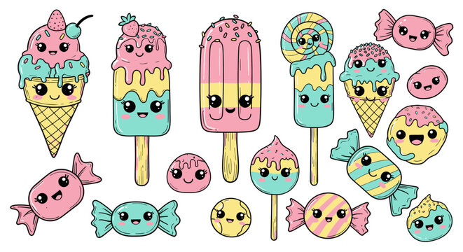 Cute cartoon sweets and desserts with kawaii faces, including ice cream, lollipops, and candies.