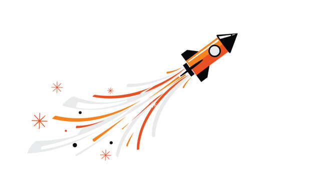 Orange rocket launching into space leaving a trail of sparks and smoke.