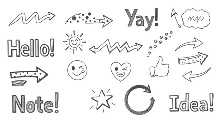 A collection of hand-drawn doodle elements including arrows, stars, hearts, smiley faces, and text like 'Yay!', 'Hello!', 'Note!', and 'Idea!'.