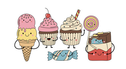 A delightful illustration showcasing various sweet treats, including ice cream, cupcakes, candy, and a chocolate bar.