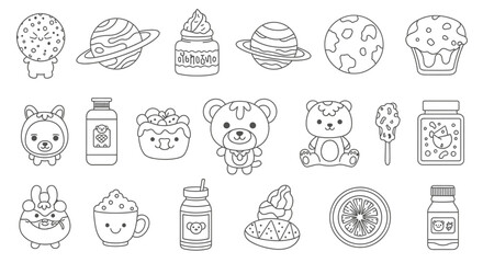 Collection of cute cartoon drawings of planets, animals, and food.