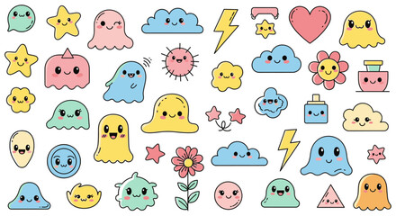 A vibrant collection of cute, kawaii-style cartoon characters and elements, including ghosts, stars, clouds, flowers, and lightning bolts, all with happy facial expressions.