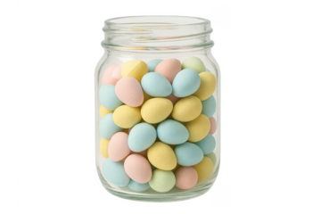 Glass jar filled with pastel candy eggs for easter