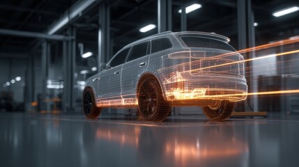 Modern SUV Showcased in a Futuristic Garage With Glowing Effects and Detailed Wireframe Design During a Late-Night Demonstration