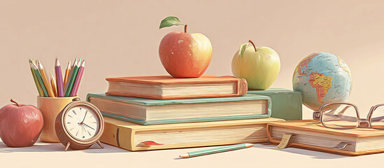 Colorful arrangement of books, apples, globe, clock, and pencils on a wooden table, creating an inviting study atmosphere for educational purposes and learning inspiration