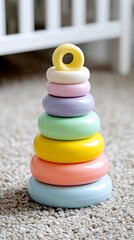 Bright and clean space with a toddler focused on stacking pastel rings