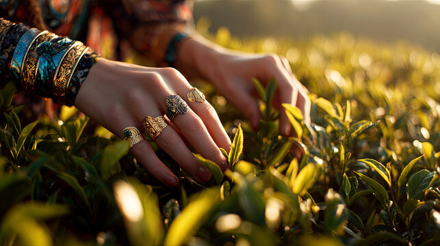 Elegant hand adorned with intricate gold rings gently touches lush green tea leaves in a sunlit field, showcasing the beauty of nature and craftsmanship in harmony