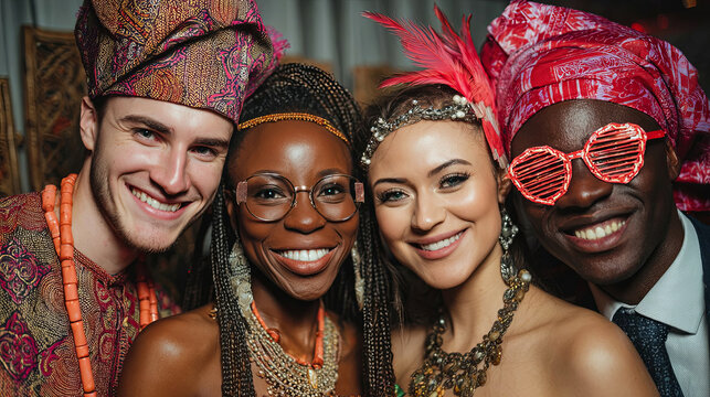 Group of diverse friends celebrating together at a vibrant cultural event, adorned in traditional attire, showcasing joy, unity, and cultural heritage in a festive atmosphere