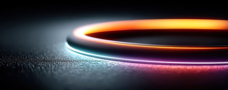 Colorful neon rings swirl on a dark backdrop, creating a vibrant, futuristic abstract image