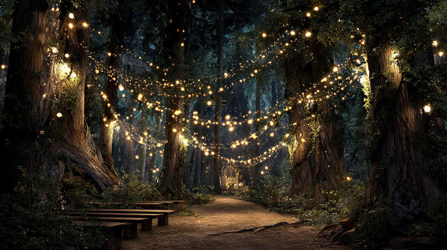 Enchanted forest pathway illuminated by warm string lights, surrounded by towering trees, creating a magical atmosphere for gatherings and celebrations in nature