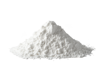 Pile of white powder resembling flour or sugar for baking and cooking ingredients, food photography, isolated on transparent background
