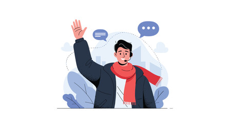 A friendly person waving hello and initiating a conversation with chat bubbles overhead indicating communication and interaction taking place.