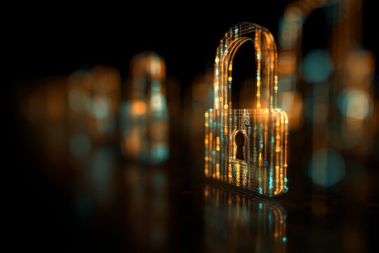 Digital locks representing cybersecurity and data protection in a futuristic environment with glowing elements - Powered by Adobe