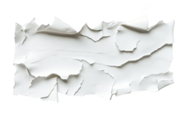 Distressed white paper texture, ripped edge, crumpled sheet, scrapbook element, grunge effect, design resource isolated on transparent background