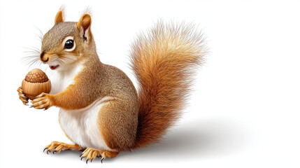Obraz premium Cute squirrel holding acorn, showcasing its fluffy tail and vibrant fur. This adorable creature embodies playfulness and nature charm