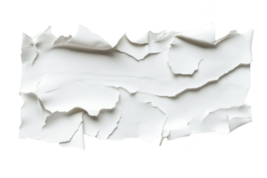 Distressed white paper texture, ripped edge, crumpled sheet, scrapbook element, grunge effect, design resource isolated on transparent background