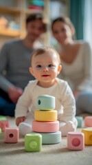 Baby surrounded by pastel stacking toys, parents watching with joy