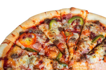 close-up of delicious pizza on a white background
