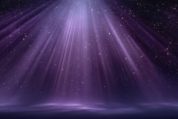 Purple light rays burst across a starry night sky, creating a mystical, ethereal glow