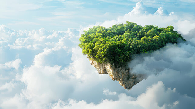 Surreal floating island with lush greenery above fluffy clouds, creating dreamlike atmosphere - Powered by Adobe