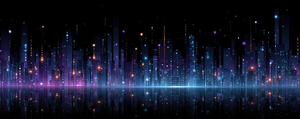 Futuristic neon city skyline at night with glowing reflections across the water and digital glow