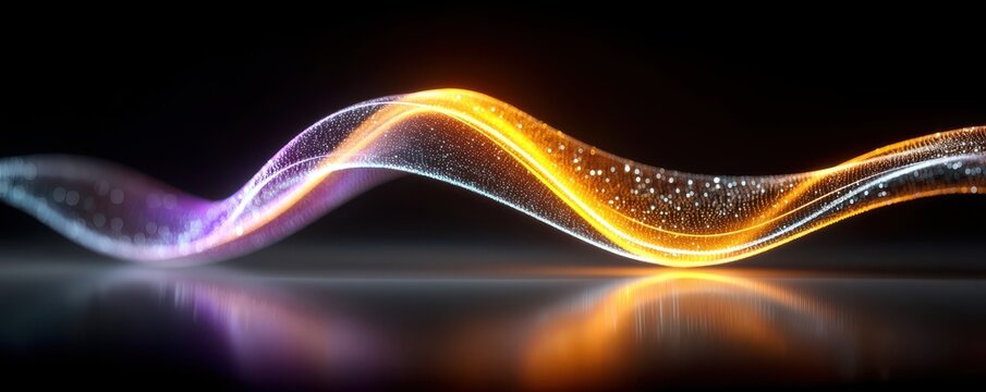 Abstract neon wave with glowing purple and orange line over a dark reflective surface