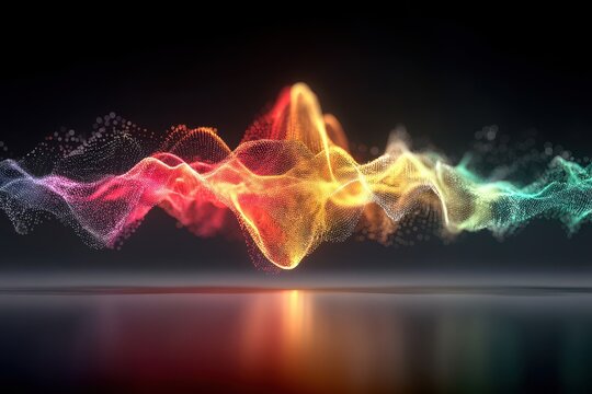 Colorful sound wave visualization in neon glow on a dark background with reflections and motion