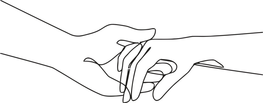 Line art drawing of two hands gently holding each other in a supportive gesture isolated on transparent background
