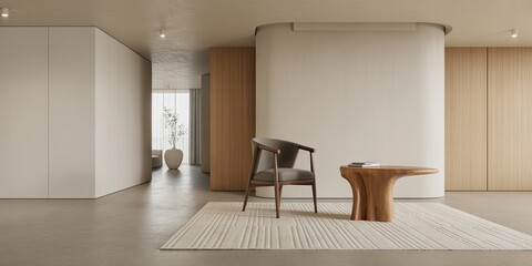 Elegant living room with modern chair, wooden table and neutral color scheme