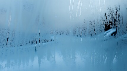 Icy blue frosted glass texture with water droplets and streaks background condensation