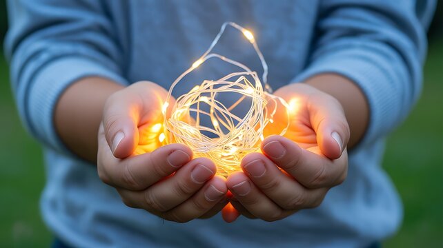 Hands holding glowing fairy lights with soft focus green background cupping string lights