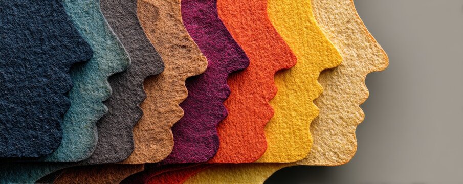 Colorful stack of paper cutouts forming layered silhouette profiles in a rainbow array