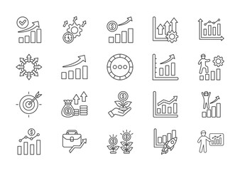 Growth thin line icon set. Containing performance, gain, improvement, chart, expansion, evolution, progress, graph, development, target. Vector illustration