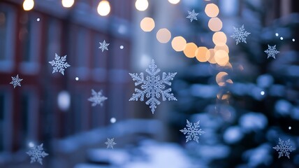 Detailed snowflakes falling against blurred warm bokeh lights and blue background winter image