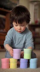 Smiles all around as a toddler builds with pastel stacking cups, family gathered