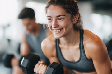 Fototapeta premium Woman smiling while lifting weights in a modern gym during a fitness session