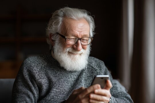 Elderly man enjoys using smartphone while seated indoors with a content smile during late afternoon